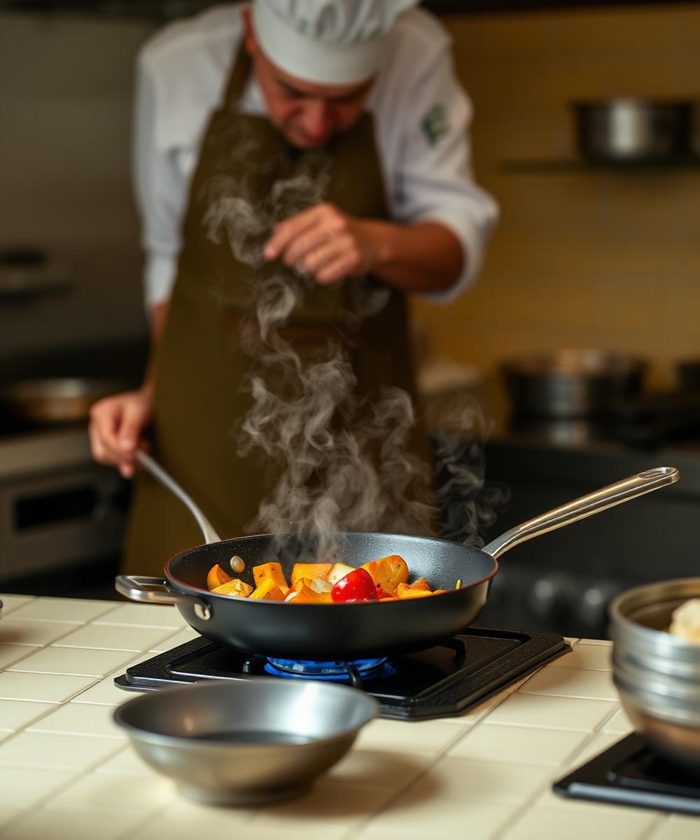 Chef plating a dish in a professional kitchen